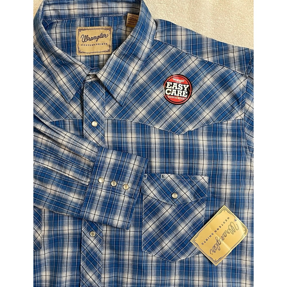 NWT Wrangler Western Pearl Snap 3XL Blue Plaid Long‎ Sleeve Shirt Oxford Cowboy